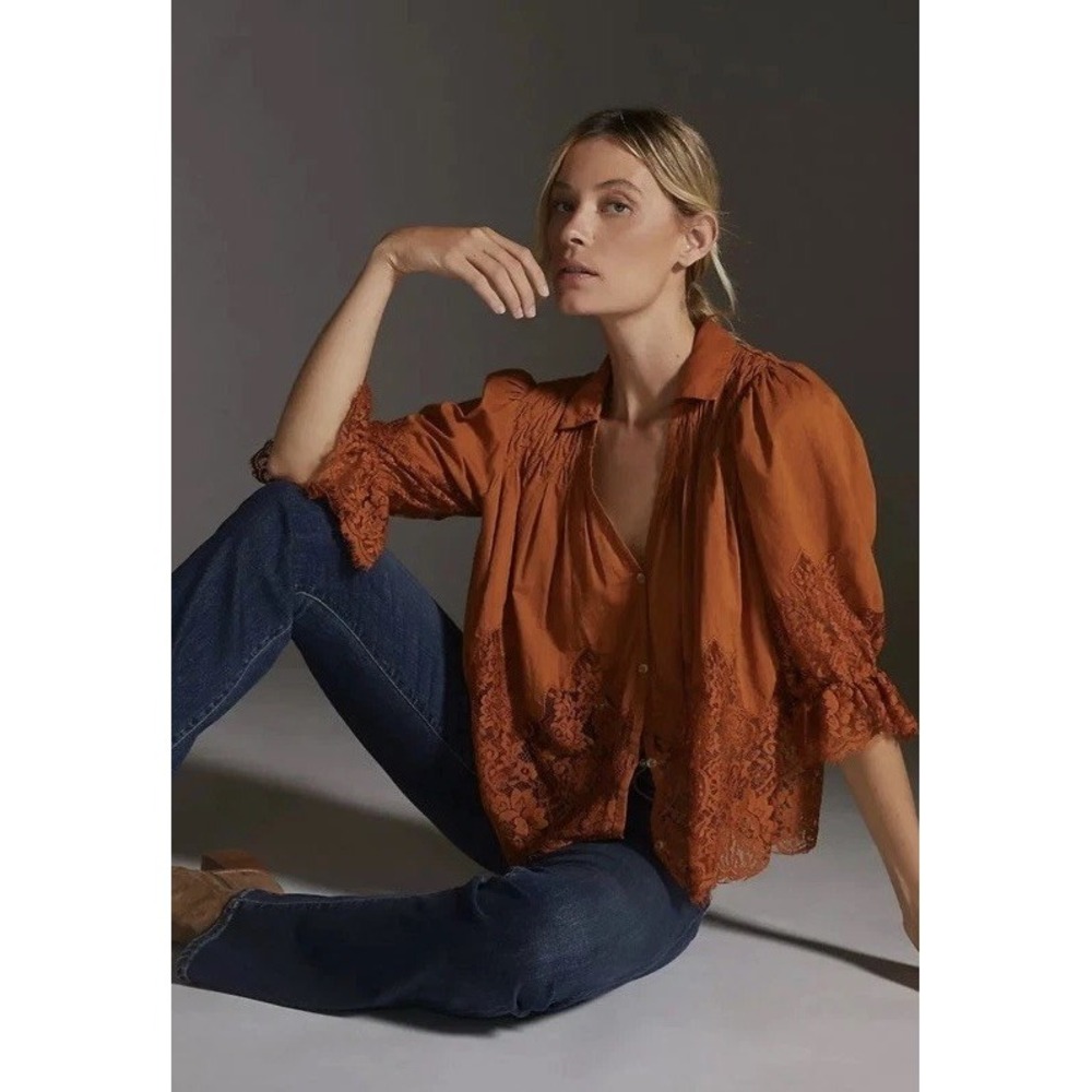 Anthropologie Rust Lace Button Blouse Victorian Sheer Romantic Boho Top M Fall